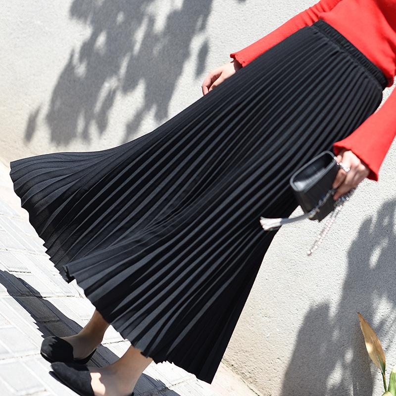 

Skirts Summer Women Long Pleated Skirt Korean Style Solid Large Size High Waist Elastic Female Office Fitted Streetwear Black