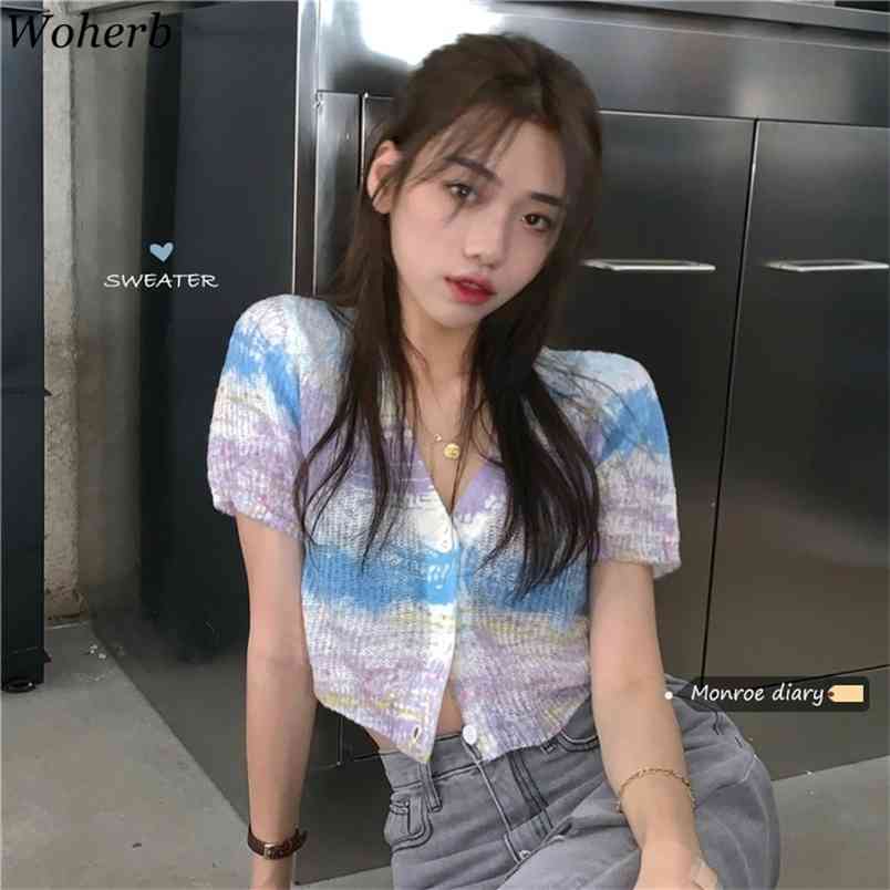 

Korean Chic Tie Dye Cropped Knitwear Women Summer Short Slim Cardigan Harajuku Streetwear Cute Cardigans Crop Top 210519
