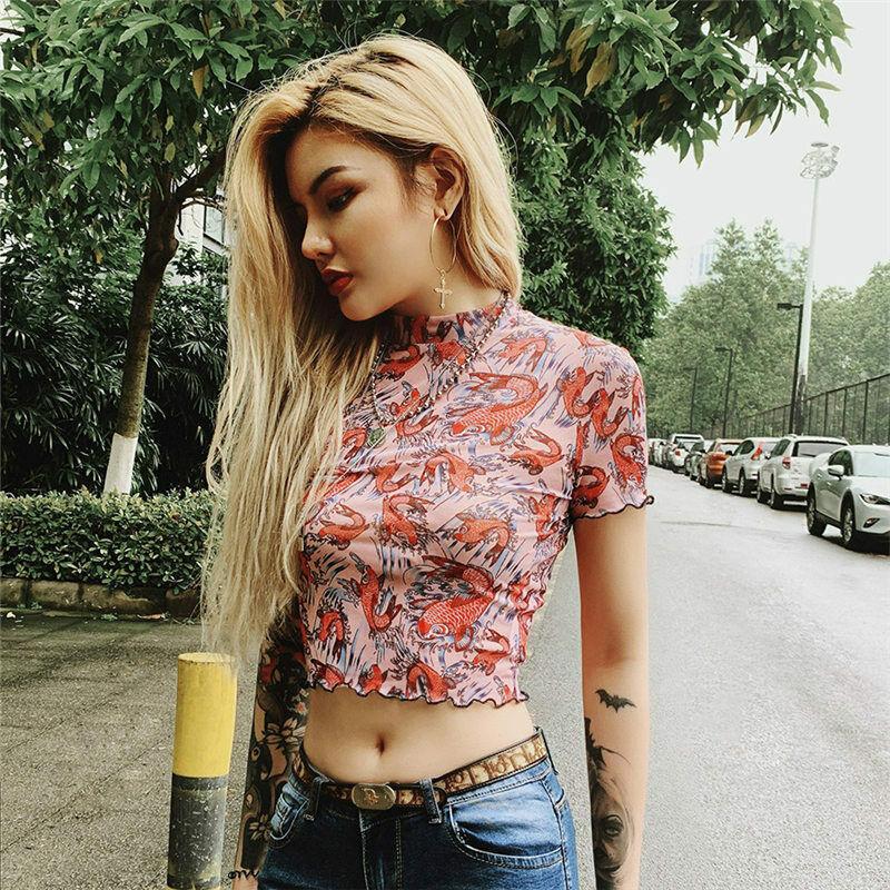 

Women' Blouses & Shirts Women Summer Koi Fish Mesh Sheer Blouse Sexy See-through Girls Short Sleeve Hollow Out Transparent Crop Top, Multi