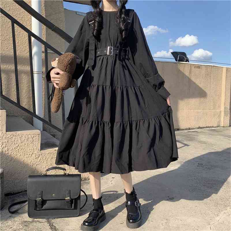 

YBYR Japanese Harajuku Women Black Midi Dress Gothic Style Suspenders Bandage Dress Vintage Ruffles Long Baggy Cosplay Costume 210630, Short sleeve