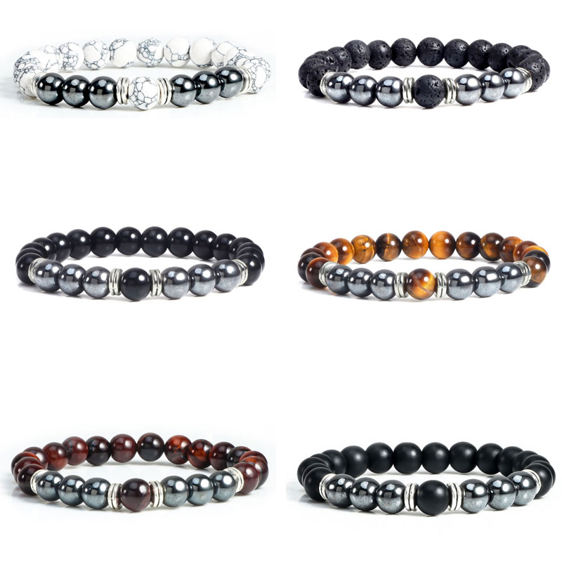 

8mm Natural Stone Beaded Strands Silver Plated Charm Bracelets Elastic Bangle For Women Men Party Club Yoga Jewelry