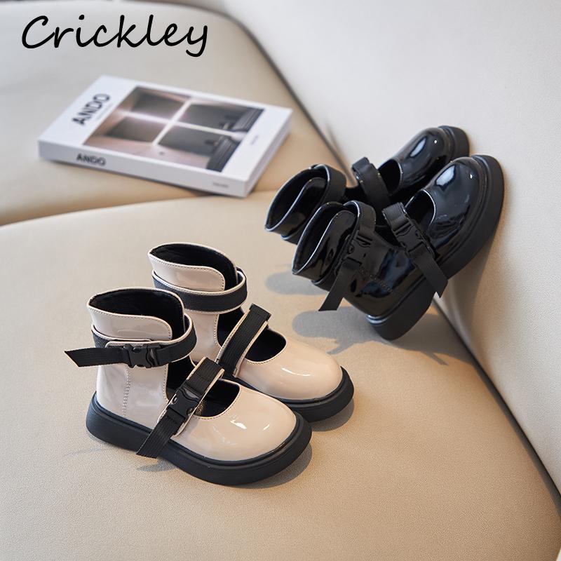 

Boots Fashion Buckle Kids PU Leather Shallow Ankle For Teens Children Design Breathable Hook Loop Non Slip Girls Shoes, Black
