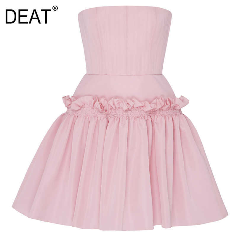 

[DEAT] Women Dress Strapless Ruffled Pleated Solid Temperament Sleeveless Loose Fit Fashion Spring Summer 13T946 210527, Pink