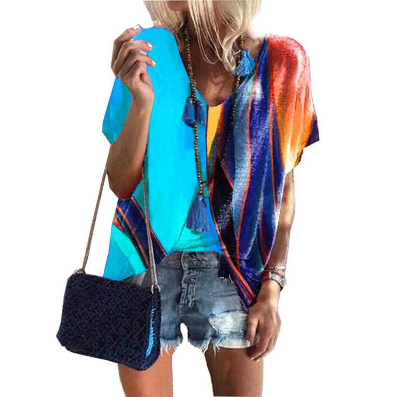 

Women T-Shirt Short Sleeve Elegant Patchwork V Neck Funny Print Fashion Loose Casual Ladies Tshirt Summer Plus Size 210526, Gray