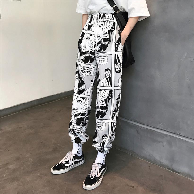 

women loose sports casual beam pant foot harem comics printed joggers hip hop trousers, Black