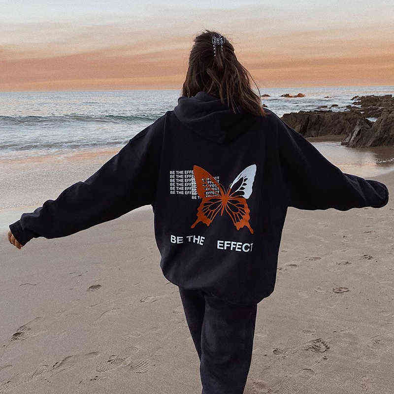 

BE THE EFFECT Streetwear Hip Hop Punk Butterfly Goth Print Vintage Casual Loose Harajuku Hoodie Sweatshirt Hooded Pullover Tops 211108, Black