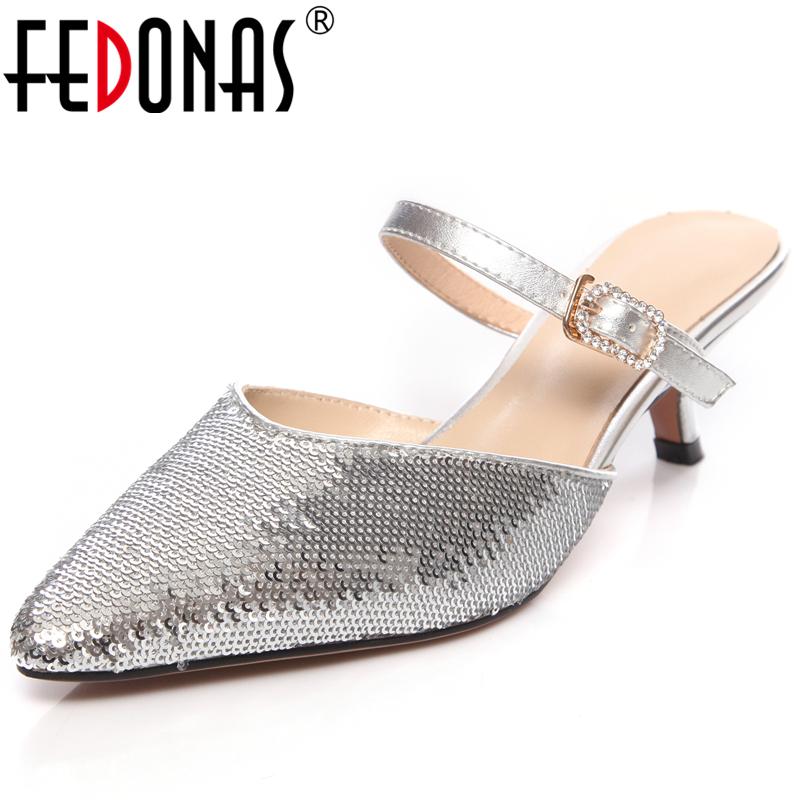

Sandals FEDONAS Summer Fashion Concise Casual Women Flip Flop Sequined Pointed Toe Thin Heel Rhinestone Buckle Strap Shoes Woman, Black