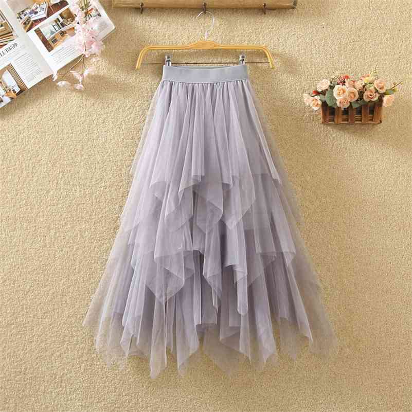 

Women irregular Tulle Skirts Fashion Elastic High Waist Mesh Tutu Skirt Pleated Long Skirts Midi Skirt Saias Faldas Jupe Femmle 210518, White