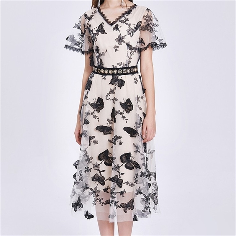 

Fashion Runway dress Summer Women' Dress Short Sleeve Lace Patchwork Butterfly Embroidery Mesh Dresses 210603, Picture color