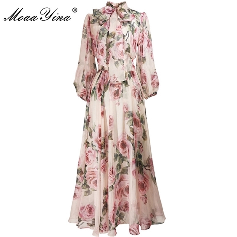 

MoaaYina Spring Summer Fashion Designer dress Women Dress Bow collar Rose Floral-Print Elegant Vacation Chiffon Dresses 210630, Pink