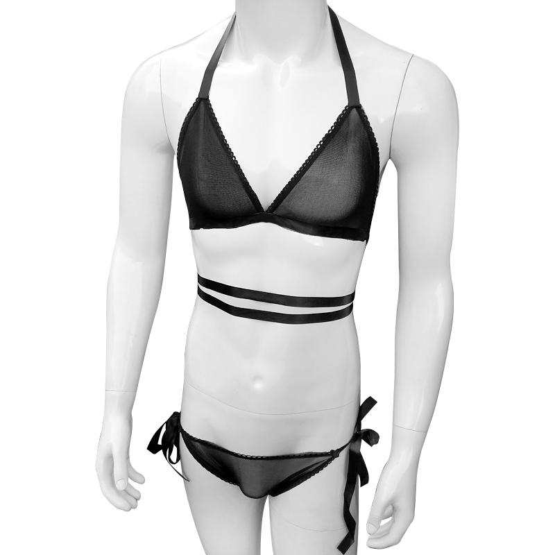 

Bras Sets Sexy Intimates Solid Sissy Men Lingerie Babydoll Lace Bow Charming Dress Nightwear G-string Male Sleepwear Bikini Set, Black