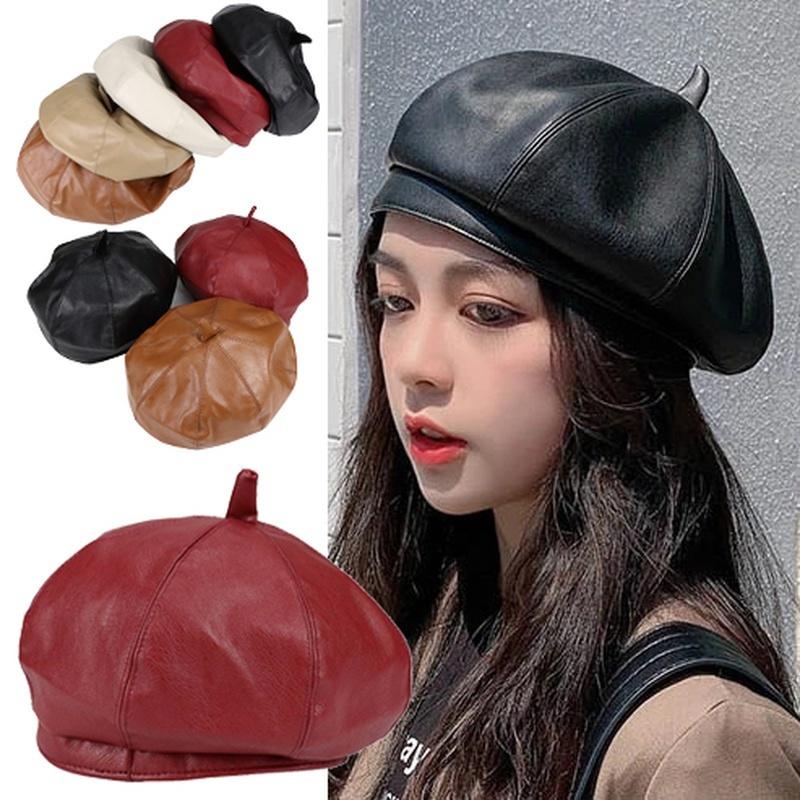 

Berets Fashion Women PU Leather Octagonal Caps Sboy Cap Vintage Bonnet Beret Style Retro Hat Cowboy Pumpkin Painter, C-black
