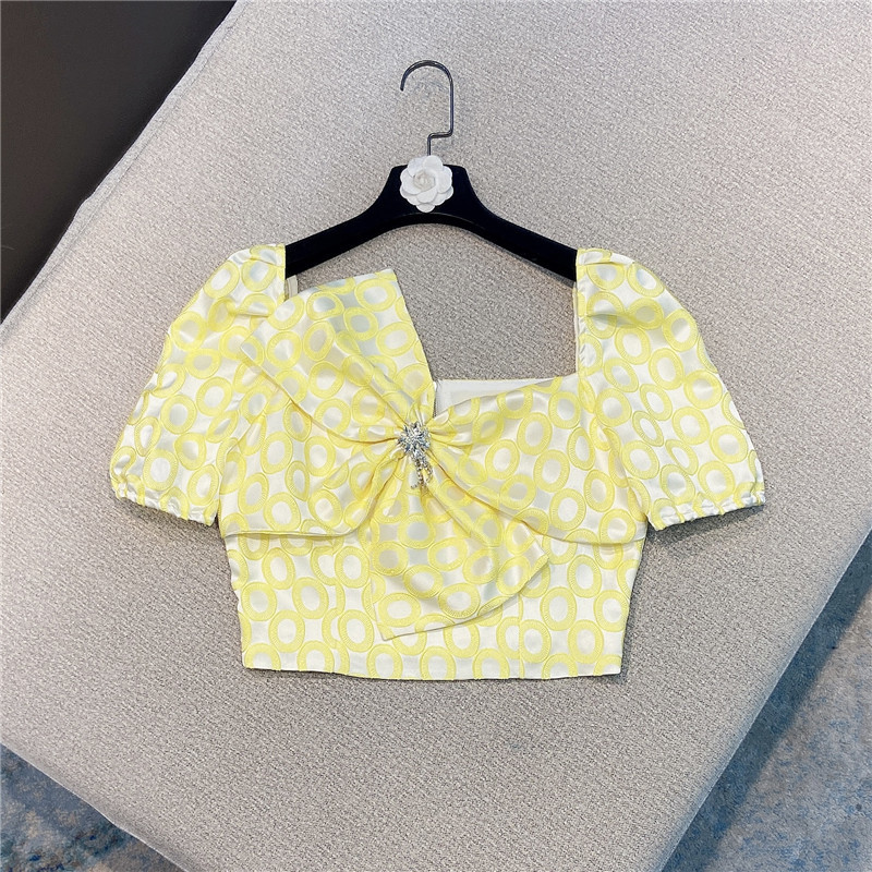 

summer fashion women clothes sqaure collar short sleeves plaided zippers top WR69507L 210525, Yellow
