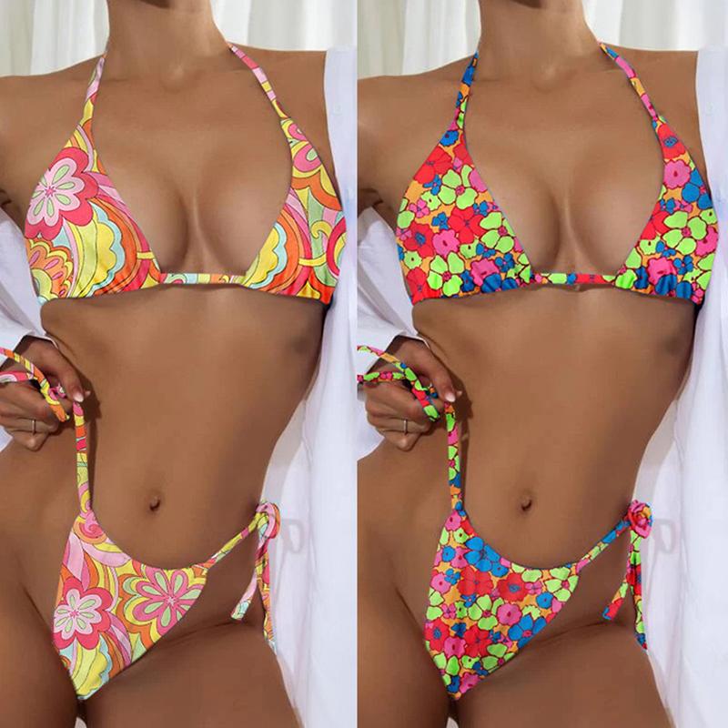 

One-Piece Suits Floral Print Bikini 2021 Swimsuit Women Biquini String Set Bathing Suit Swimwear Sexy Bikinis Summer Beach