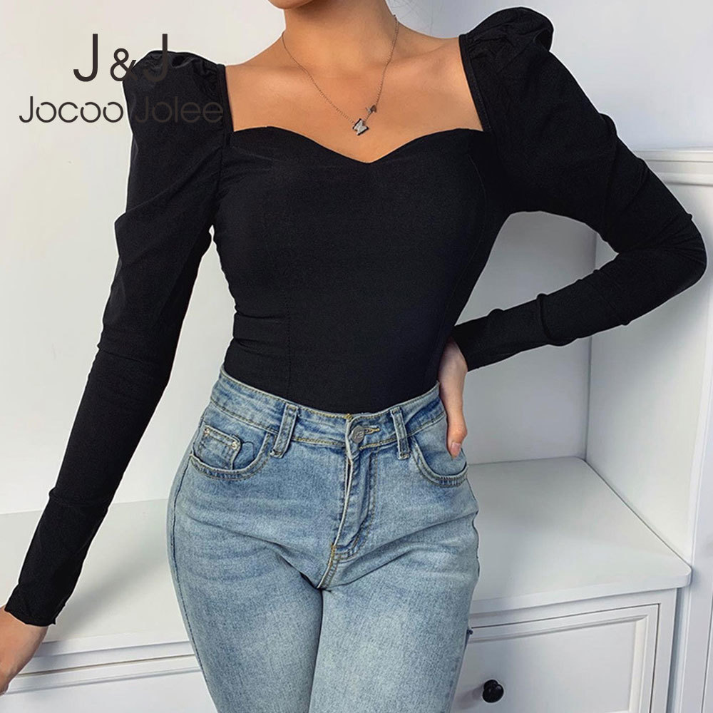 

Jocoo Jolee Spring Office Lady Slim Shirt Women Elegant Puff Sleeve Square Collar Solid Blouse Casual Simple Long Sleeve Tops 210518, As photo