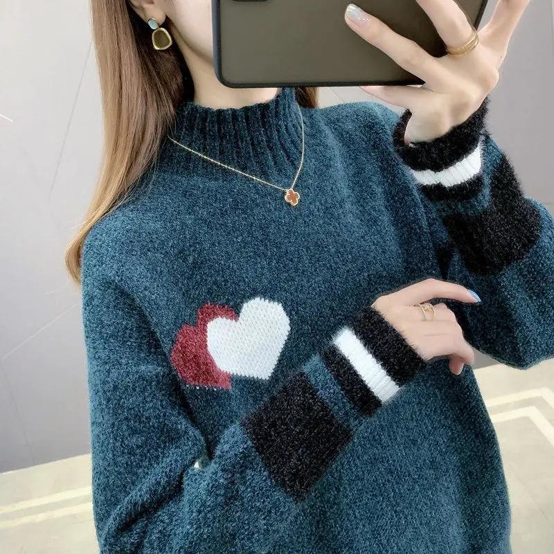 

QNPQYX New Chenille Turtleneck 2021 Women Sweater Half High Collar Pullover Vintage Loose Knitted Winter Female Heart Sweaters, Khaki