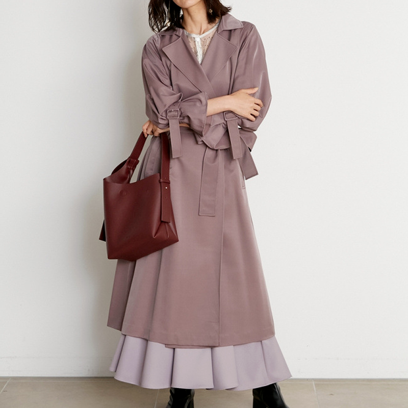 

British Japan Style Autumn Elegant Long Trench Coat Women Belt Slim Waist Windbreaker Female Outwear Fashion Office Lady Tops, Brown red