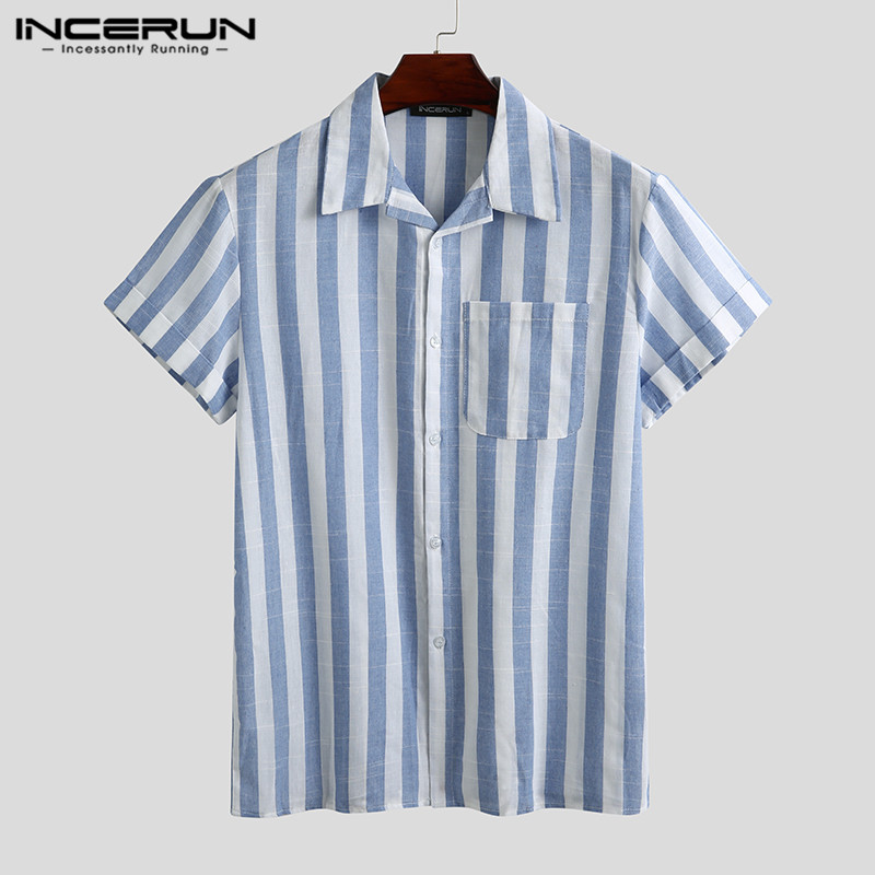 

INCERUN Fashion Casual Shirt Men Striped Short Sleeve Lapel Breathable Chic Blouse Camisa Masculina Brand Shirts Men -5XL 2021, Black shirt