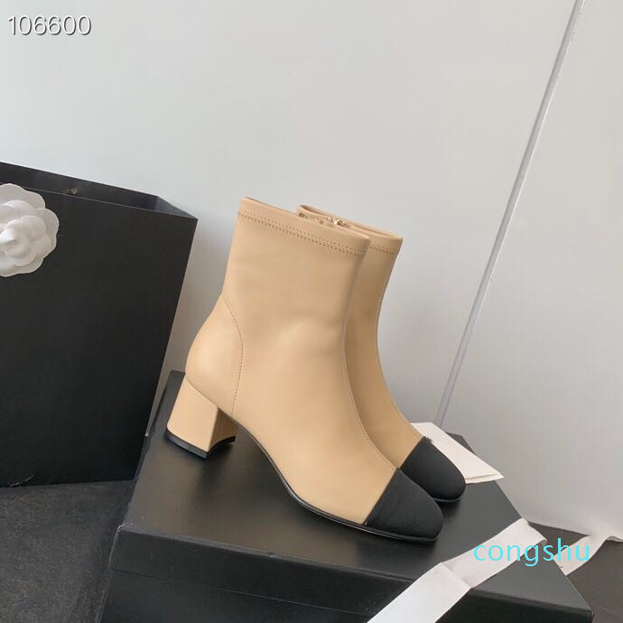 Bottes de créateur classiques pour femmes, bottines à la mode, talon épais de 5.5cm, noir, beige, couleurs mélangées, fermeture éclair latérale,