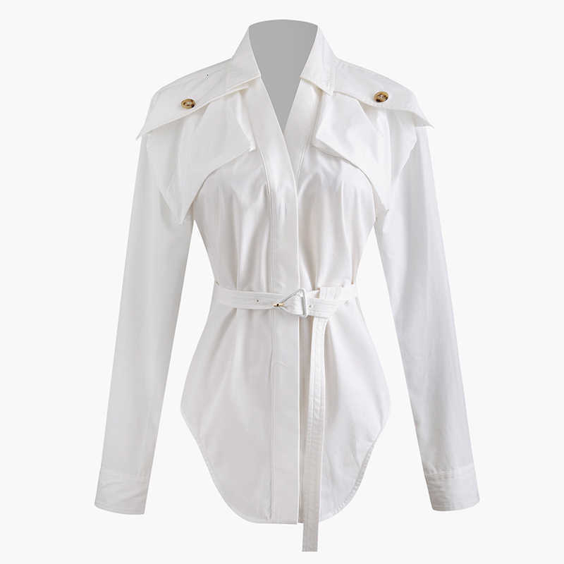 

Women White Split Joint Bandage Blouse Lapel Long Sleeve Loose Fit Shirt Fashion Spring Autumn 1N221 210603, Black