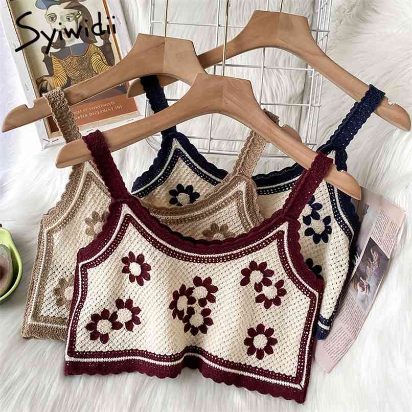 

Embroidery Floral Screw Thread Camis Women Casual Sexy Crop Tops Knitted Tank Summer Fashion Clothing 210607, Beige