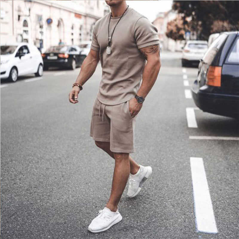 

2021 Fashion Men' Slim Business Casual Cotton 100% Short-sleeved Shirt Shorts 2-piece Suit Men' Fabric Casual Sportswear X0610