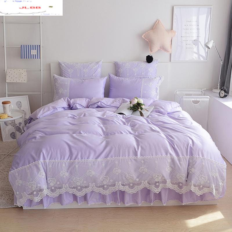 

Light Purple Cotton Silk Bedding Sets  King Tribute Duvet Cover Bed Skirt Pillowcases 4pcs Princess Lace Bedclothes