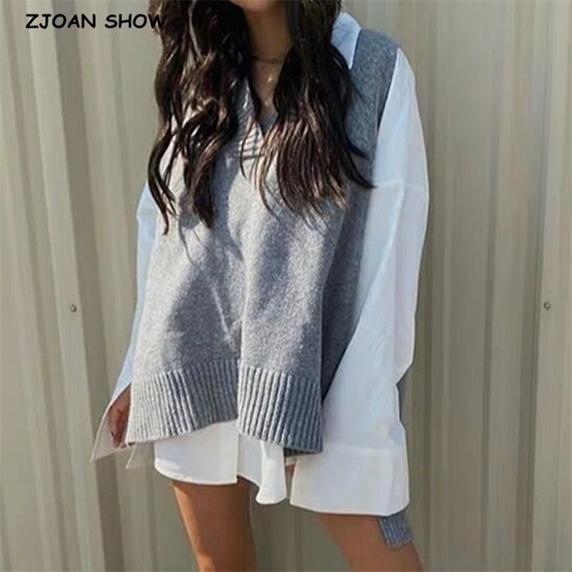 

Preppy Style Oversized Knitted Sweater Vest Women 90s Vintage Korean Clothes Loose Waistcoat Y2K Knitwear Sleeveless Jumper 210429, Gray