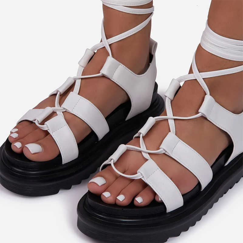 

Women Gladiator Serpentine Sandals Female Platform Chunky Flats Summer Cross Tied Beach Shoes Ladies Casual Footwear Big Size Y0721, White