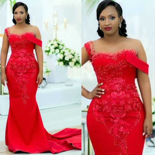 

2021 Plus Size Arabic Aso Ebi Red Mermaid Sexy Prom Dresses Sheer Neck Lace Beaded Evening Formal Party Second Reception Bridesmaid Gowns Dress ZJ215, Water melon