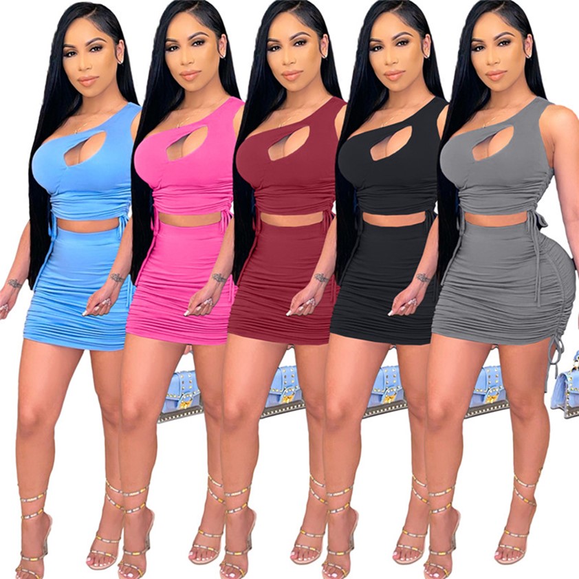 

Summer Women 2 Piece Dress Solid color bow Dresses Sexy Mini Skirts Sleeveless Bodycon Skirt Causal Loungewear Bandage Package hip gown Blac, Black;gray