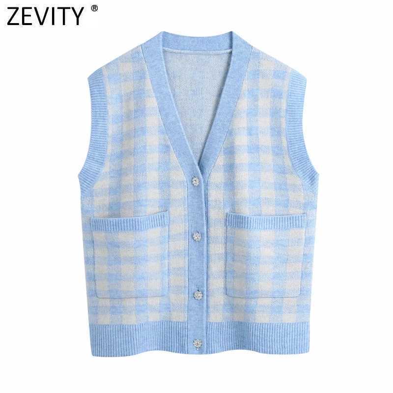 

Zevity Women Vintage V Neck Plaid Pattern Pockets Patch Casual Knitting Sweater Lady Chic Sleeveless Cardigan Vest Tops S649 210603, As pic s649bb