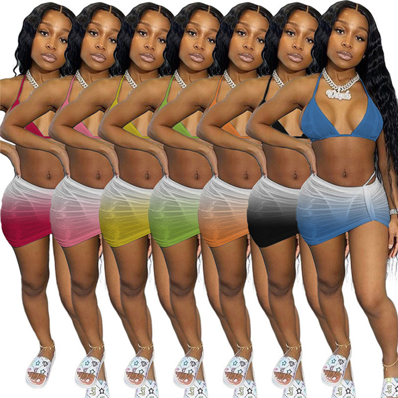 

Women Swimwear Summer Sexy Bars+Bikinis+Skirt Beachwear Clothing Bathing Suit XS-XL Swimwear 3 Piece Sets Bandage Gradient Color Clothes 4648, Mix color