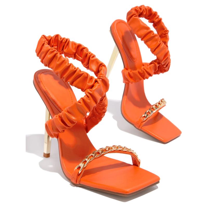 

Dress Shoes Ladies High Heels Pointed Toe Stiletto Pure Color Chain Sandals Summer Fashion Casual Women's Heel Height 11cm, Orange