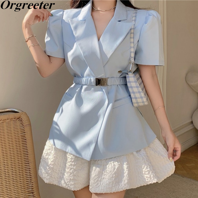 

Notched collar Solid color Split Belt Irrgular Suit Coat and Elastic waist Bud Puffy Skirts Two piece set Women Summer 210525, Only white skirt
