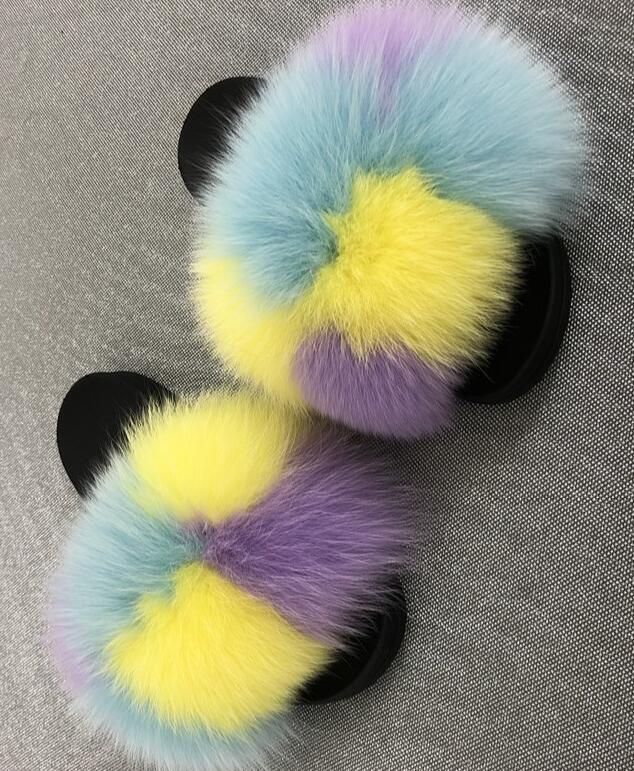 

Slippers Color Real Fur Slides Casual Shoes Fluffy Flip Flops Furry Women 45Big Size, Black