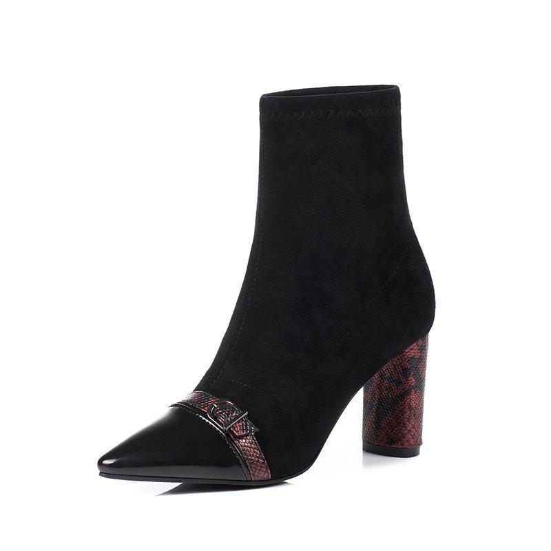 

Knitted Stretch Fabric Women Boots Autumn Winter Sock Thick High Heels Short Pointed Toe Shoes Ankle, Black