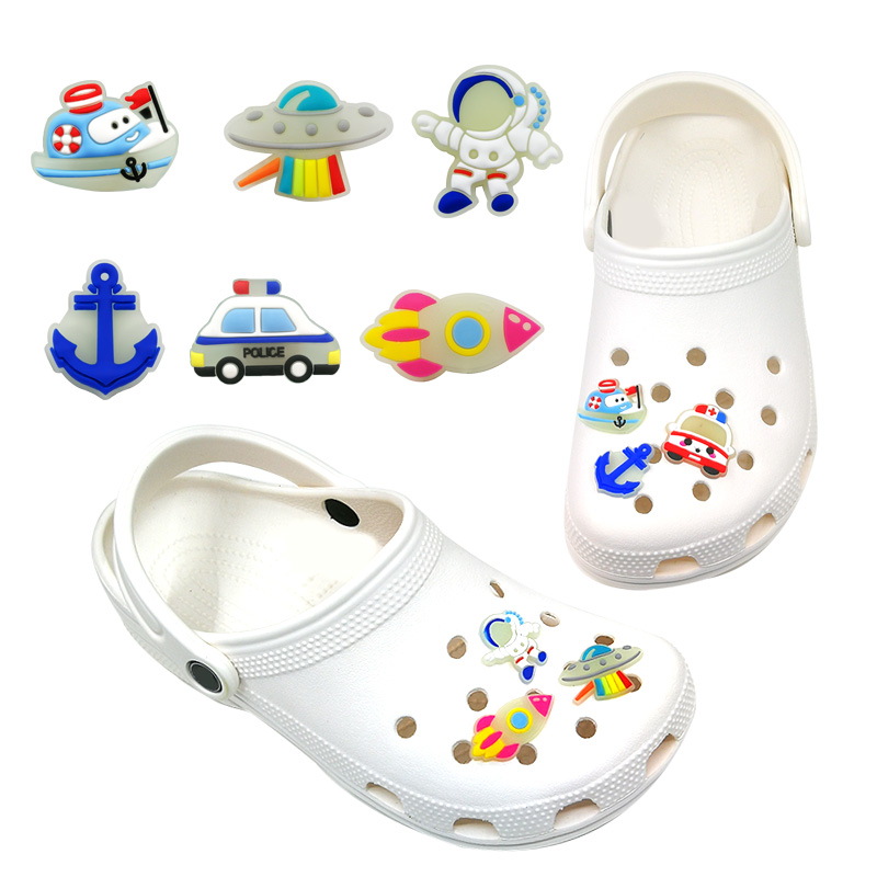 

MOQ=20pcs + space flight astronaut glow luminous shoe charms wholesale jibitz for croc soft rubber PVC charm accessories plastic ornaments g, White;pink