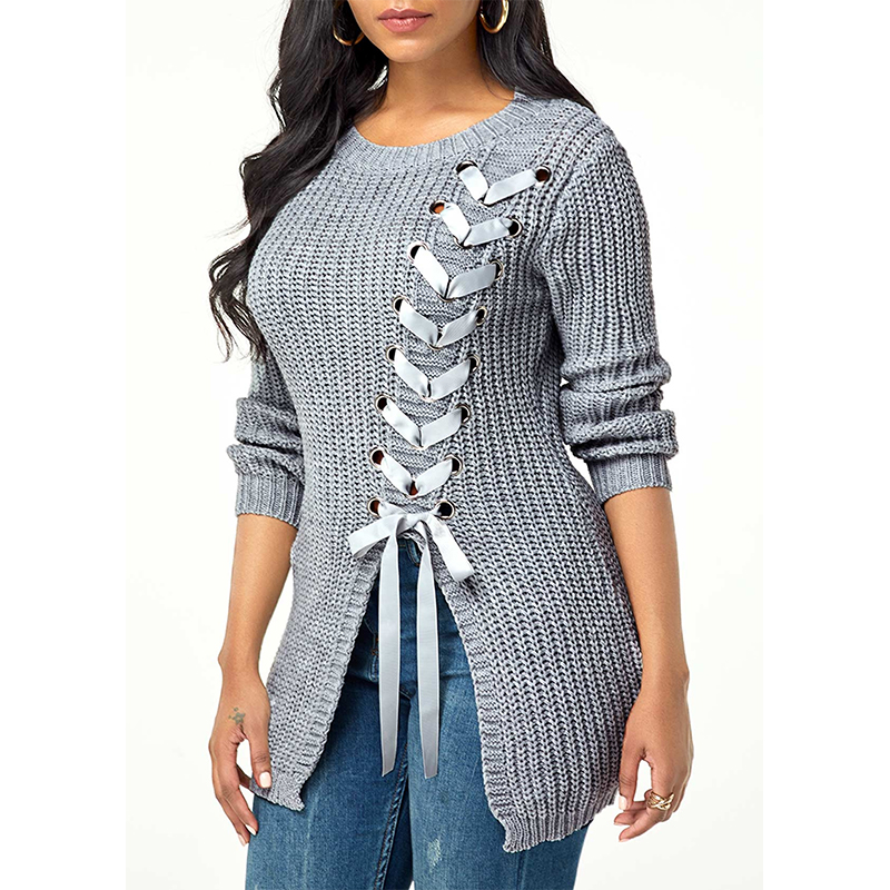 

2021 Fall Mason Women's Round Neck Sweater with Wide Loose Slit, White;black