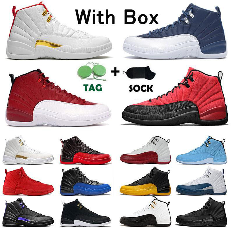 

With Box Original 12s Jumpman Basketball Shoes Flu Game 12 University Gold Stone Blue Mens High Dark Concord Bulls Trainers Sneakers big size 47, 40-47 university gold