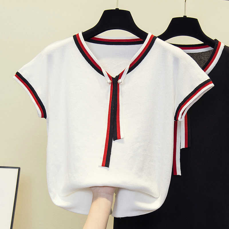 

chic casual Summer Basic Sweater pullovers Women v-neck STripe Knit Slim Pullover female Long Sleeve Thin black Sweaters 210604