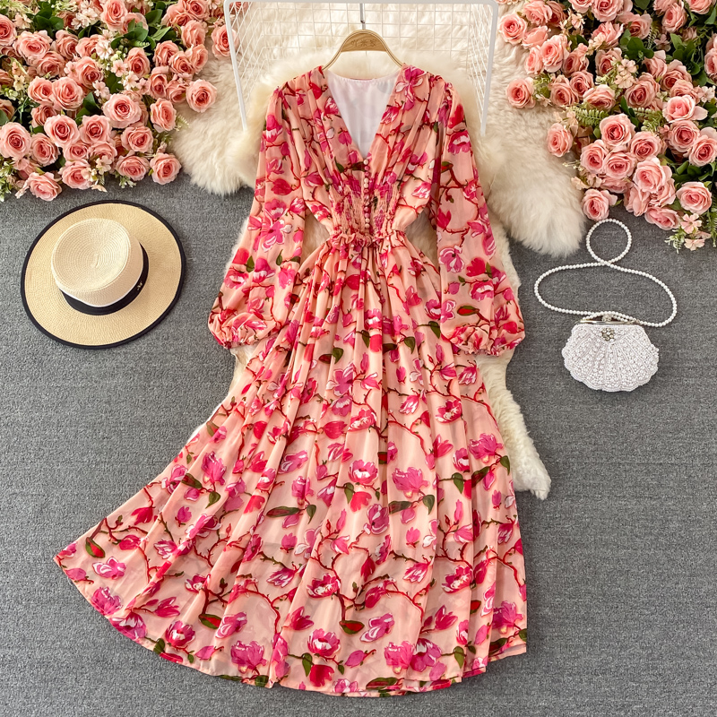 

Spring Autumn Sexy V-neck Dress Women Party Dresses Sweet Puff Sleeve Beach Dress Ladies Elegant Floral Printed Long Robe Vestidos 2022, White;black