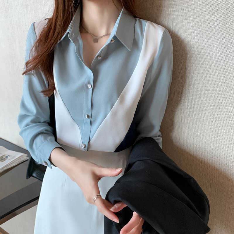 

Korean Women's Tops and Blouses OL Style Loose Blouse Women Shirts POLO Collar Long Sleeve Patchwork Casual Tops Clothing 210604, Gray