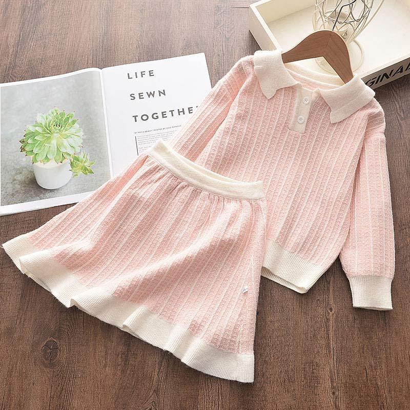 

Autumn&Winter Girl Clothing Sweater Set Solid Cute Outfits Kids Ruffles Top And Skirt 2Pcs Costumes Toddler Clothes, White