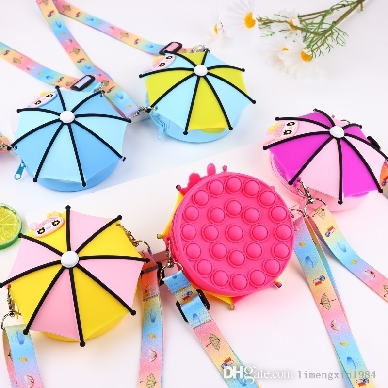 Regnbåge paraply silikon handväska fidget leksaker tecknad noll plånbok axelväska pop enkla dimples finger leksak för tjejer barn gåvor