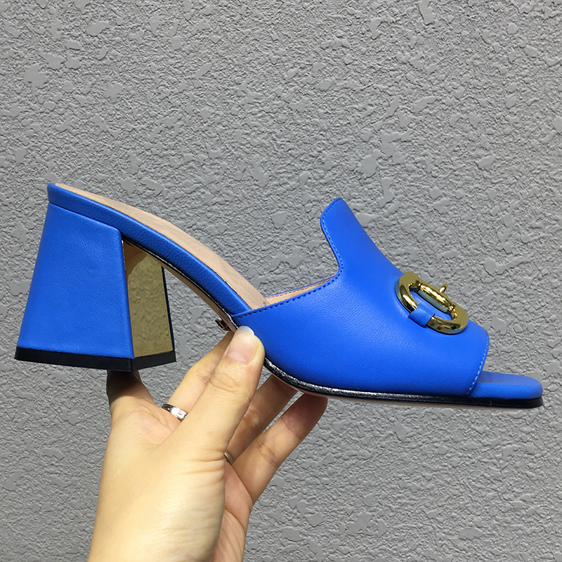 

fashion high quality slipper slide Summer heels Genuine leather women Sandals Metal buckle Thick heel Womens Shoes US size 5-12 comfortable slippers Lady Sandal, Blue