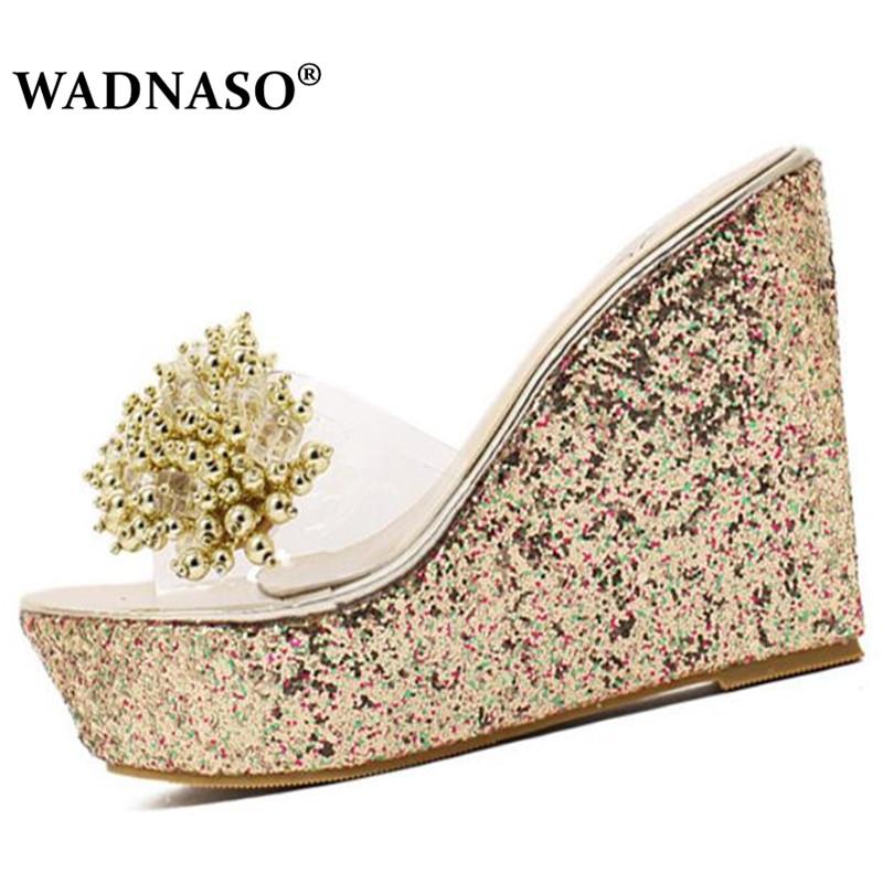 

Slippers WADNASO 2021 Summer Rhinestone Wedges Women Sexy Trifle Slides Casual Beading Open Toe Female High Heel Platform Shoes, Black