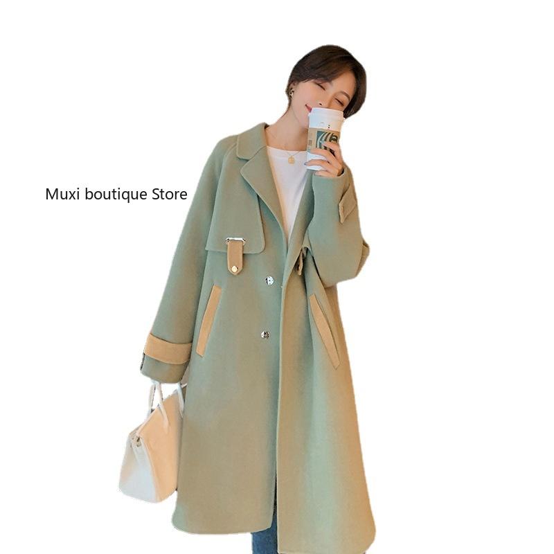 

Women' Wool & Blends Muxi Women Stitching Woolen Coat Loose Coats For Mid-length Bean Green Elegant And Jackets, Caramel color