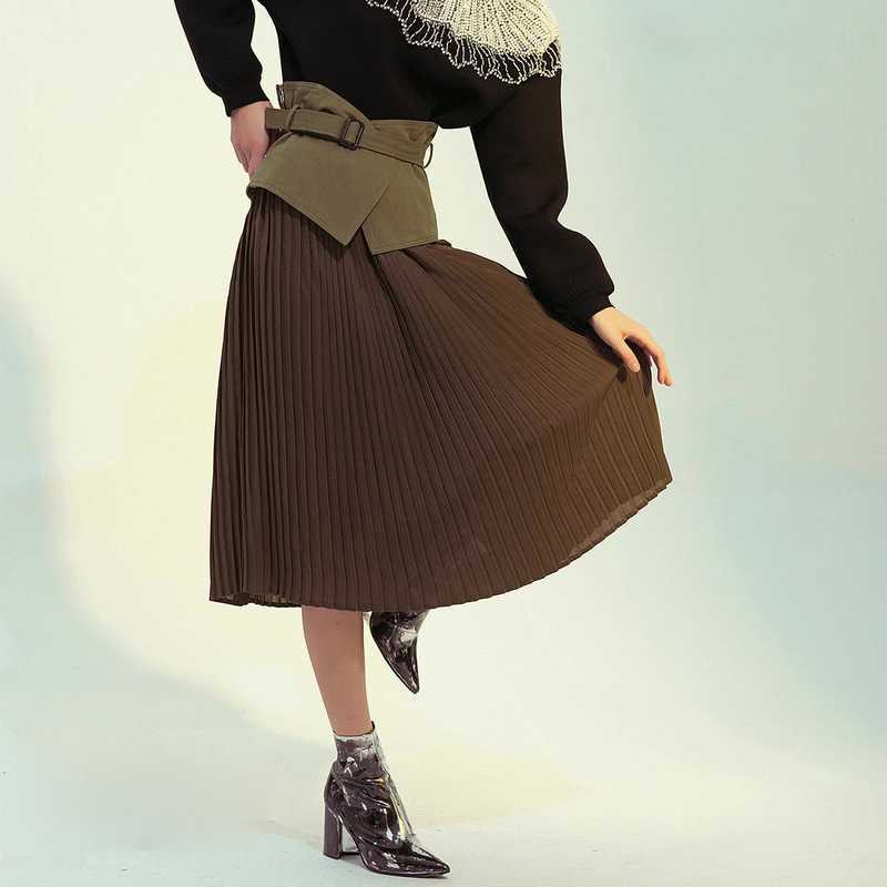 

Spring Pleated Women Long Skirts Patchwork Fake Two Piece Mujer Faldas Korean Fashion A-line Design Clothing 13A080 210525, Army green