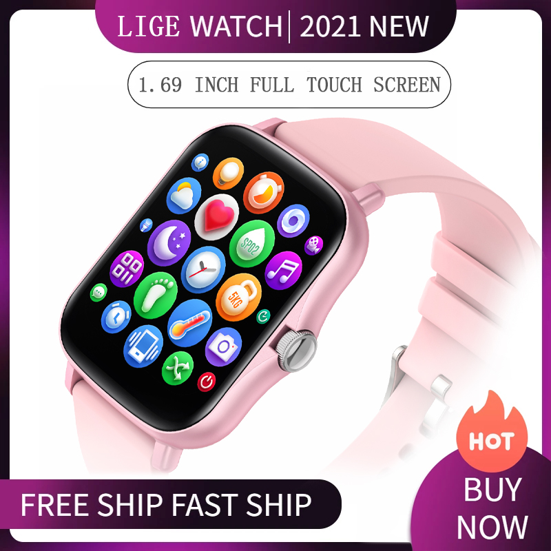 

LIGE 2021 New Smart watch Men And Women waterproof Smartwatch Heart rate and Blood pressure Monitor Suitable For Android iOS+Boxg, Pink